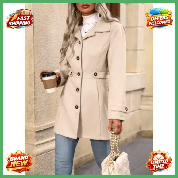 Womens Wool Blend Pea Coat Notched Lapel Button Front Casual Overcoat